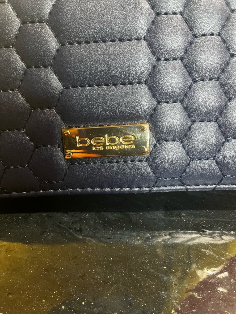 bebe Quilted Navy Shoulder Bag with Gold Plate Logo